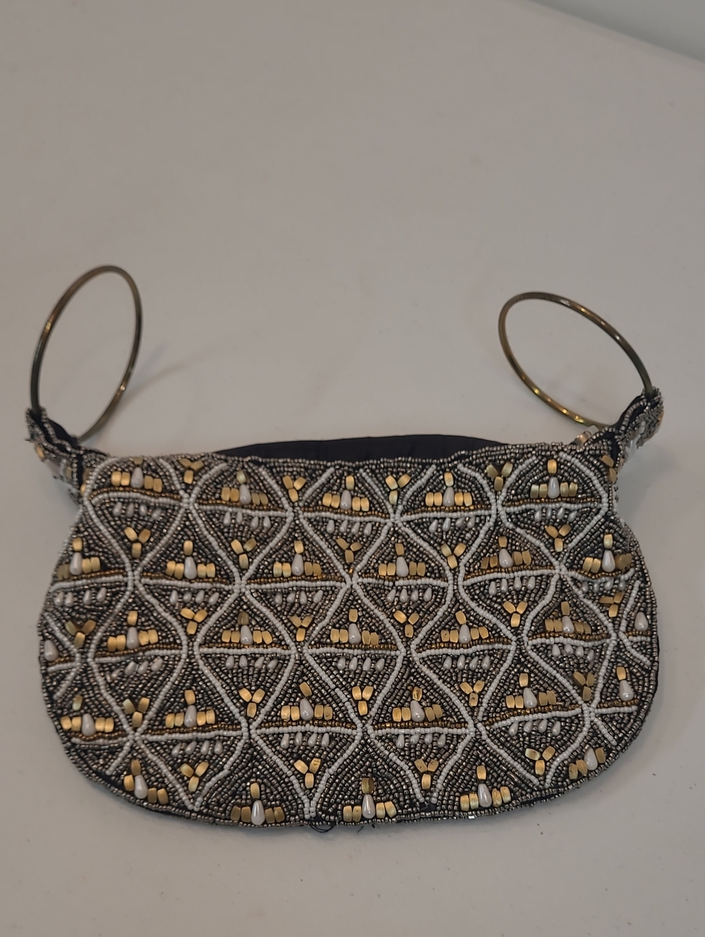 Versona Embellished Black and Gold Metallic & Pearls Evening Dressy Wristlet Bag